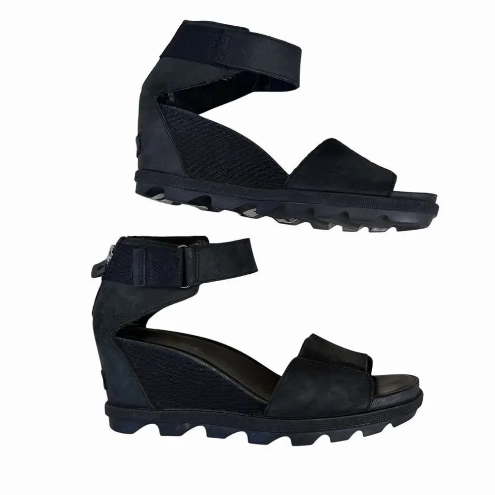 Sorel Joanie II Black Leather Ankle Strap Wedge Sandal Size 9 - Picture 5 of 6